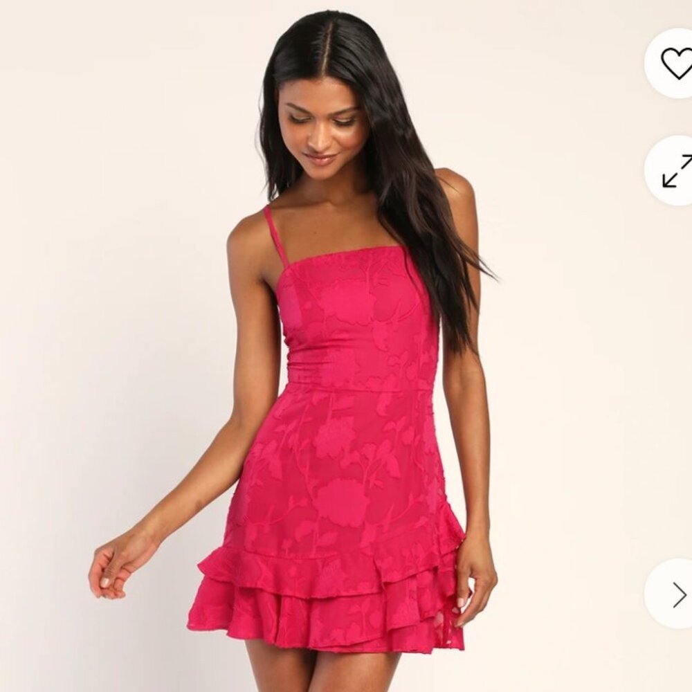 Lulus Days with You Magenta Floral Burnout Ruffled Mini Dress Women's Size Large